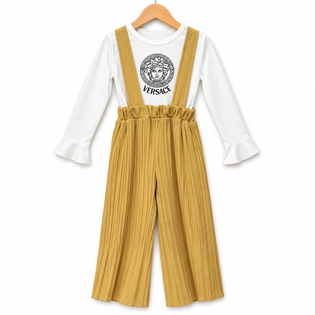 Girls Mustard VERCASE Print Dangri Jumpsuit – 2 Piece (Size 4 - 10 Years)