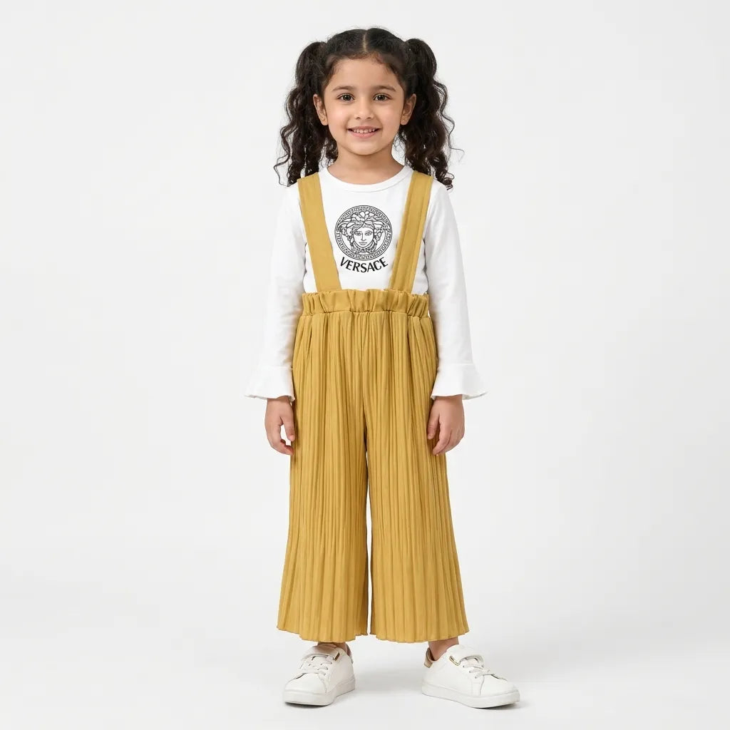 Girls Mustard VERCASE Print Dangri Jumpsuit – 2 Piece (Size 4 - 10 Years)
