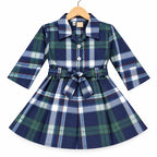 Girls Navy Blue Checkered Cotton Winter Frock with Waist Belt (Size 1 - 7 Years)