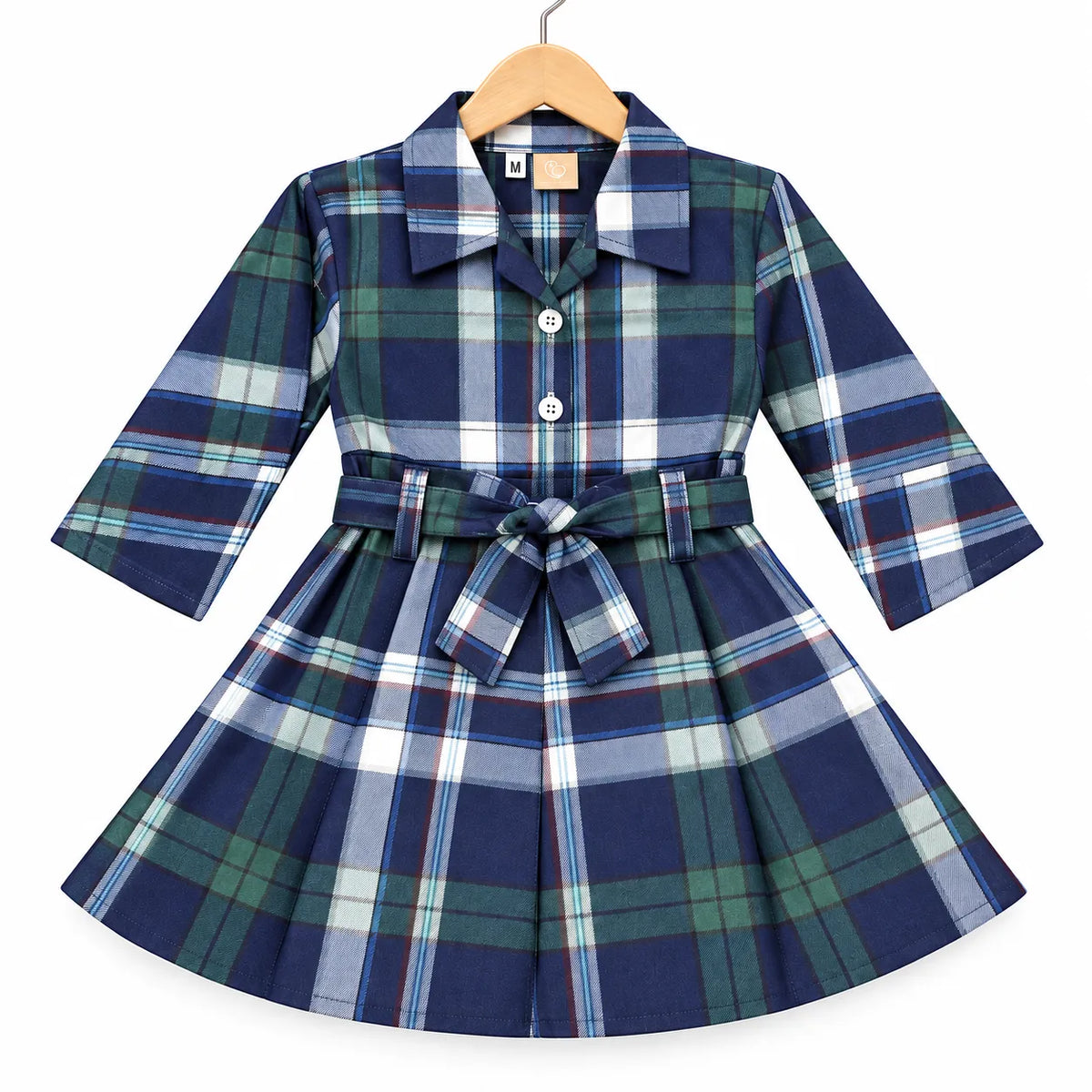 Girls Navy Blue Checkered Cotton Winter Frock with Waist Belt (Size 1 - 7 Years)