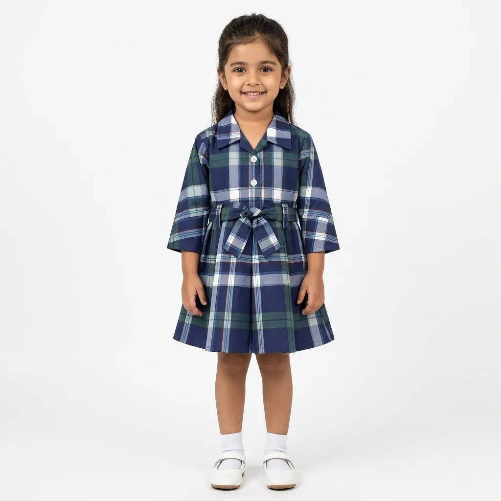 Girls Navy Blue Checkered Cotton Winter Frock with Waist Belt (Size 1 - 7 Years)