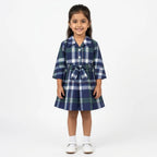 Girls Navy Blue Checkered Cotton Winter Frock with Waist Belt (Size 1 - 7 Years)