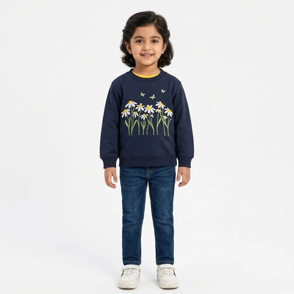 Girls Navy Blue Floral Winter Sweatshirt (Size 9 Months - 12 Years)