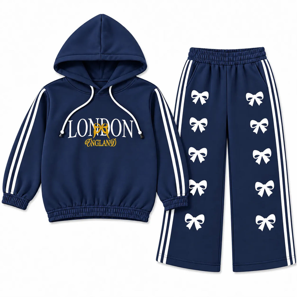 Girls Navy Blue London & Bow Winter Hoodie Coord Set (2 Piece) - Size 1 - 12 Years