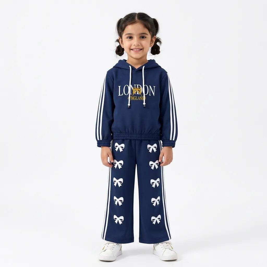 Girls Navy Blue London & Bow Winter Hoodie Coord Set (2 Piece) - Size 1 - 12 Years