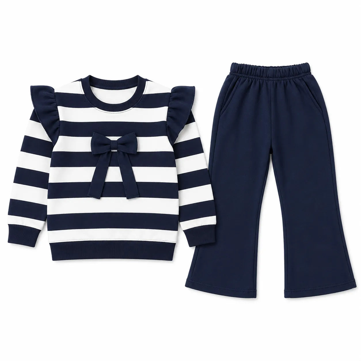 Girls Navy Blue & White Lining with Bow Winter Coord Set (2 Piece) - Size 1 - 12 Years