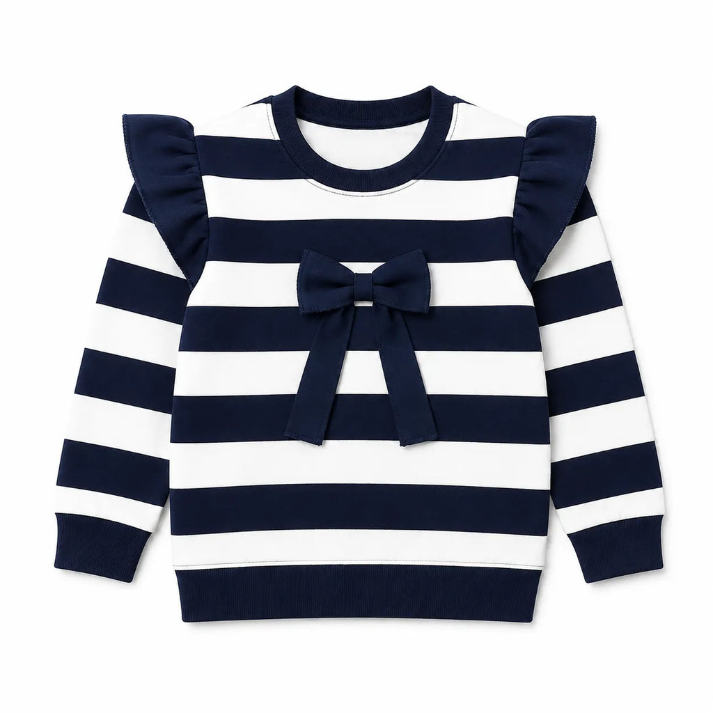 Girls Navy Blue & White Lining with Bow Winter Coord Set (2 Piece) - Size 1 - 12 Years