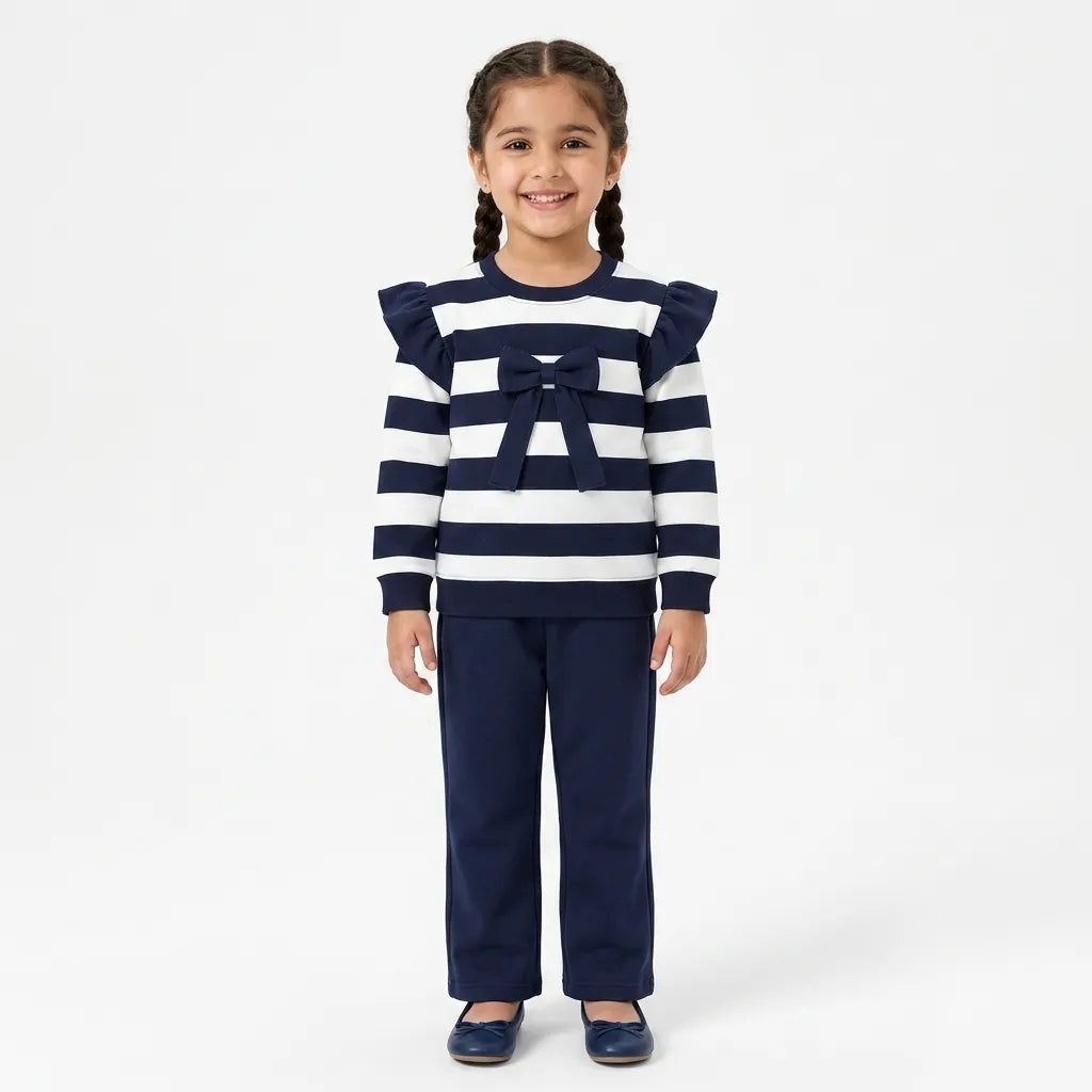 Girls Navy Blue & White Lining with Bow Winter Coord Set (2 Piece) - Size 1 - 12 Years