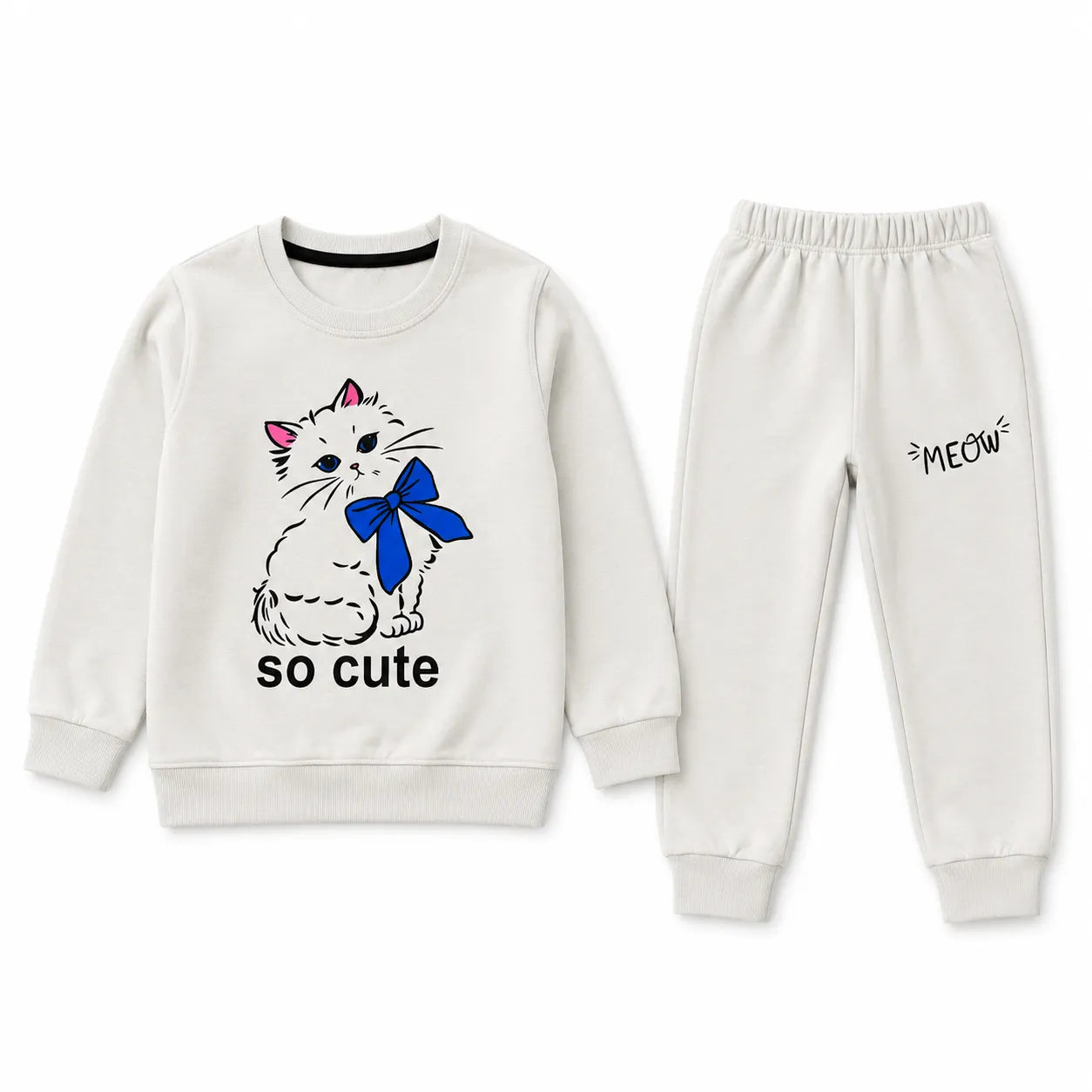Girls Off White Cat Winter Coord Set (2 Piece) - Size 1 - 12 Years