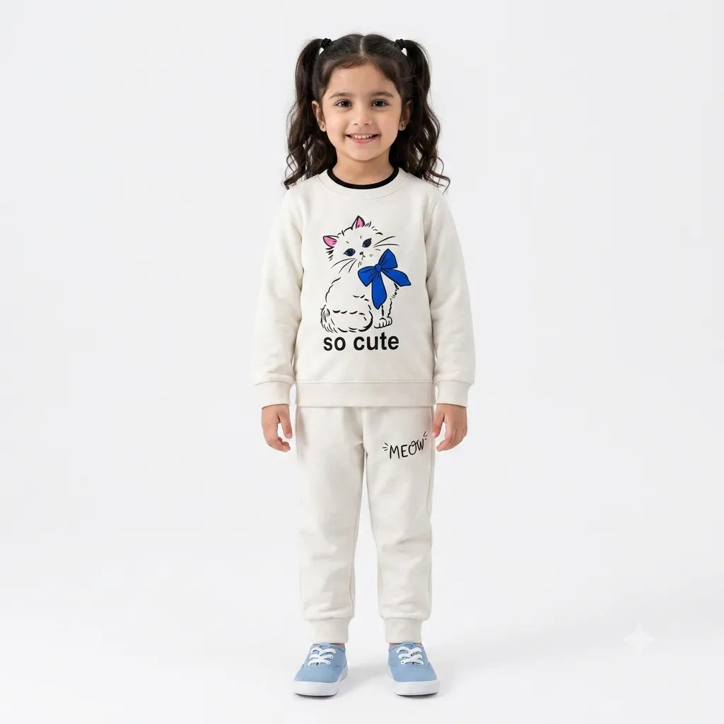 Girls Off White Cat Winter Coord Set (2 Piece) - Size 1 - 12 Years