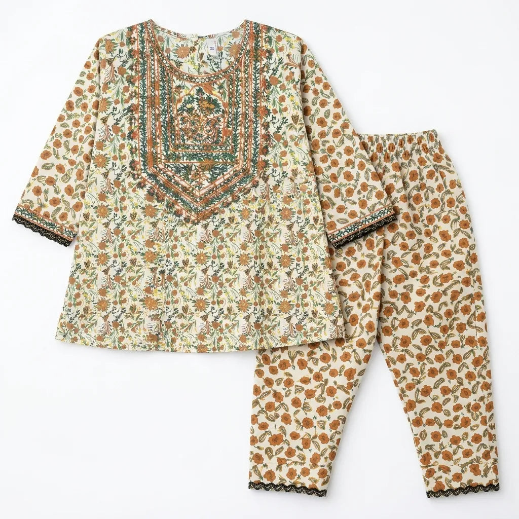Girls Off White Floral 2 Piece Shalwar Kameez (Size 5 - 12 Years)