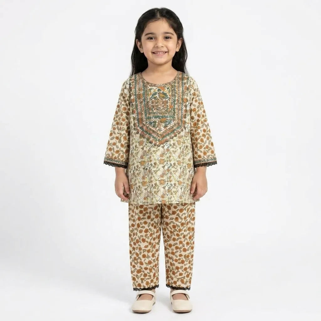 Girls Off White Floral 2 Piece Shalwar Kameez (Size 5 - 12 Years)