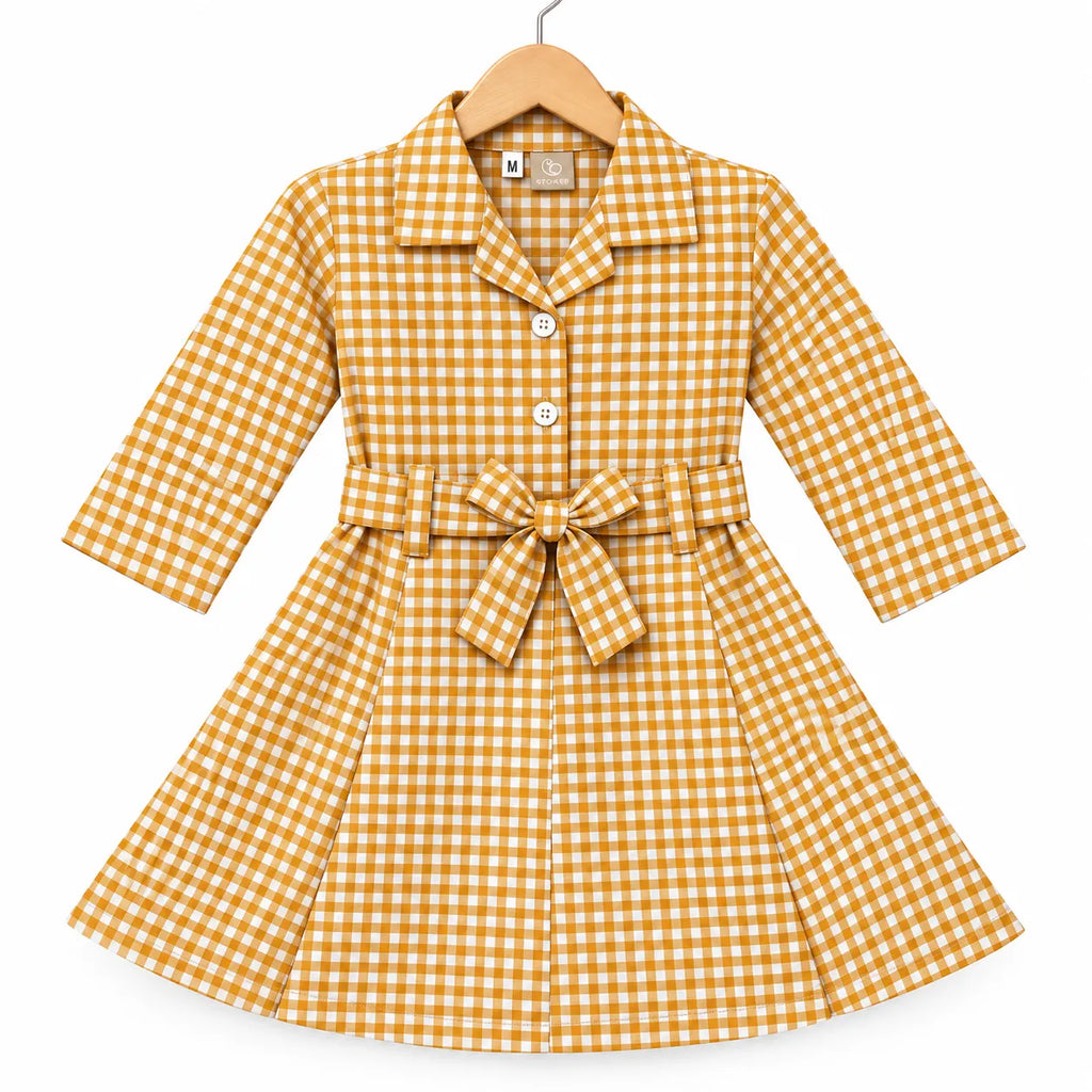 Girls Orange Checkered Cotton Winter Frock with Waist Belt (Size 1 - 7 Years)