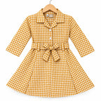 Girls Orange Checkered Cotton Winter Frock with Waist Belt (Size 1 - 7 Years)
