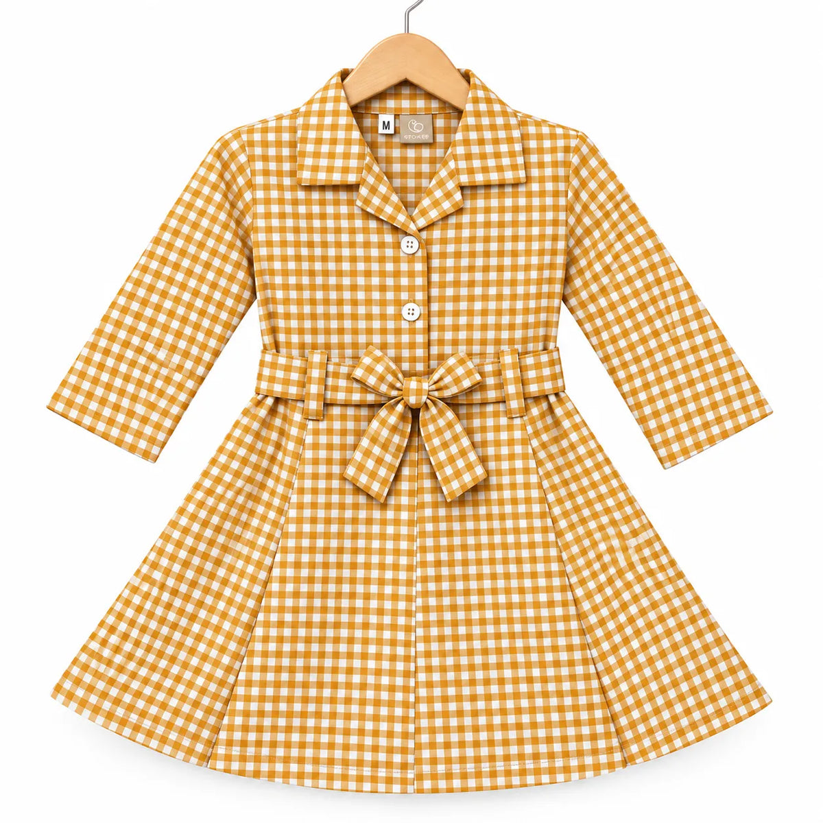 Girls Orange Checkered Cotton Winter Frock with Waist Belt (Size 1 - 7 Years)