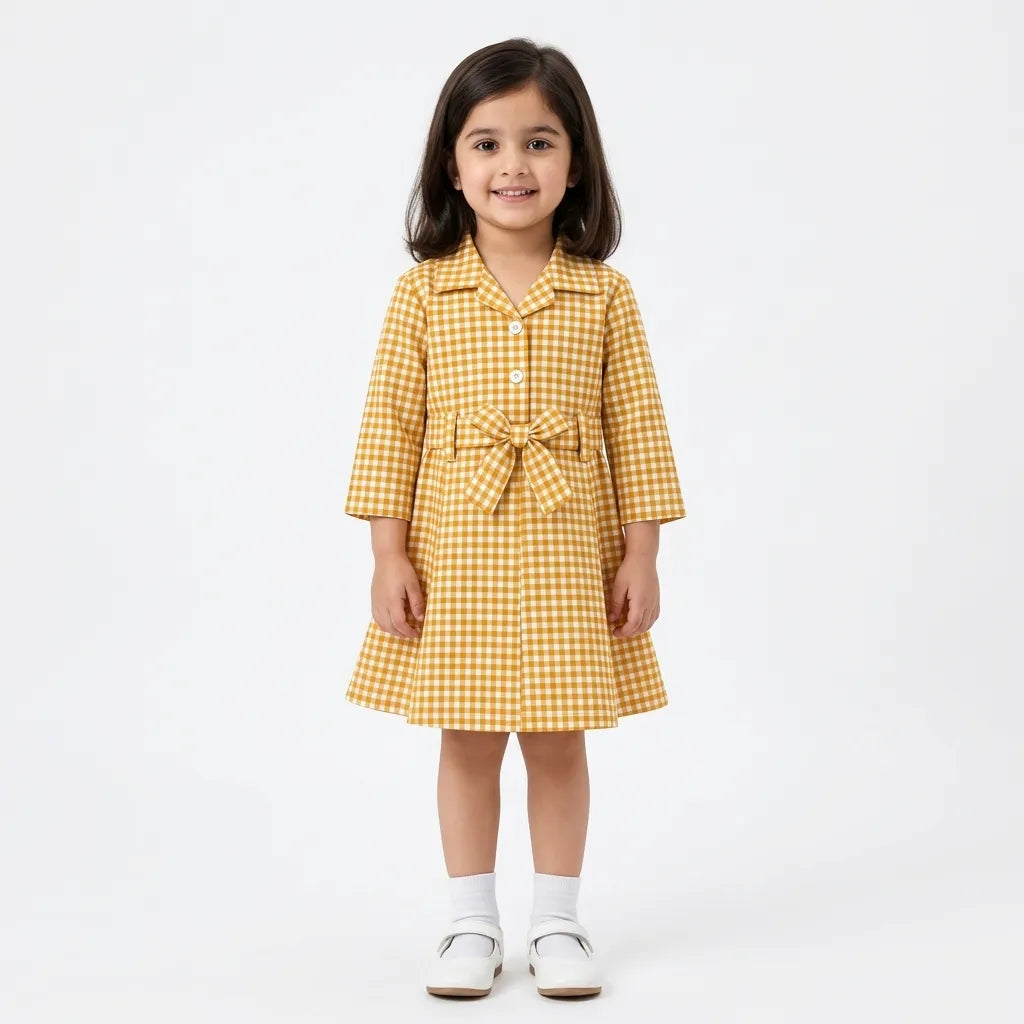 Girls Orange Checkered Cotton Winter Frock with Waist Belt (Size 1 - 7 Years)
