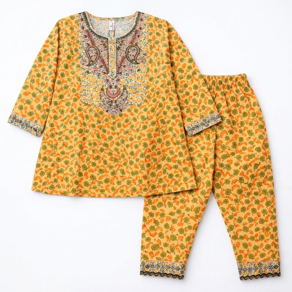 Girls Orange Floral 2 Piece Shalwar Kameez (Size 5 - 12 Years)