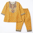 Girls orange floral 2-piece shalwar kameez set for ages 5 to 12, with vibrant floral patterns and comfortable fabric by Lil' Cubs.
