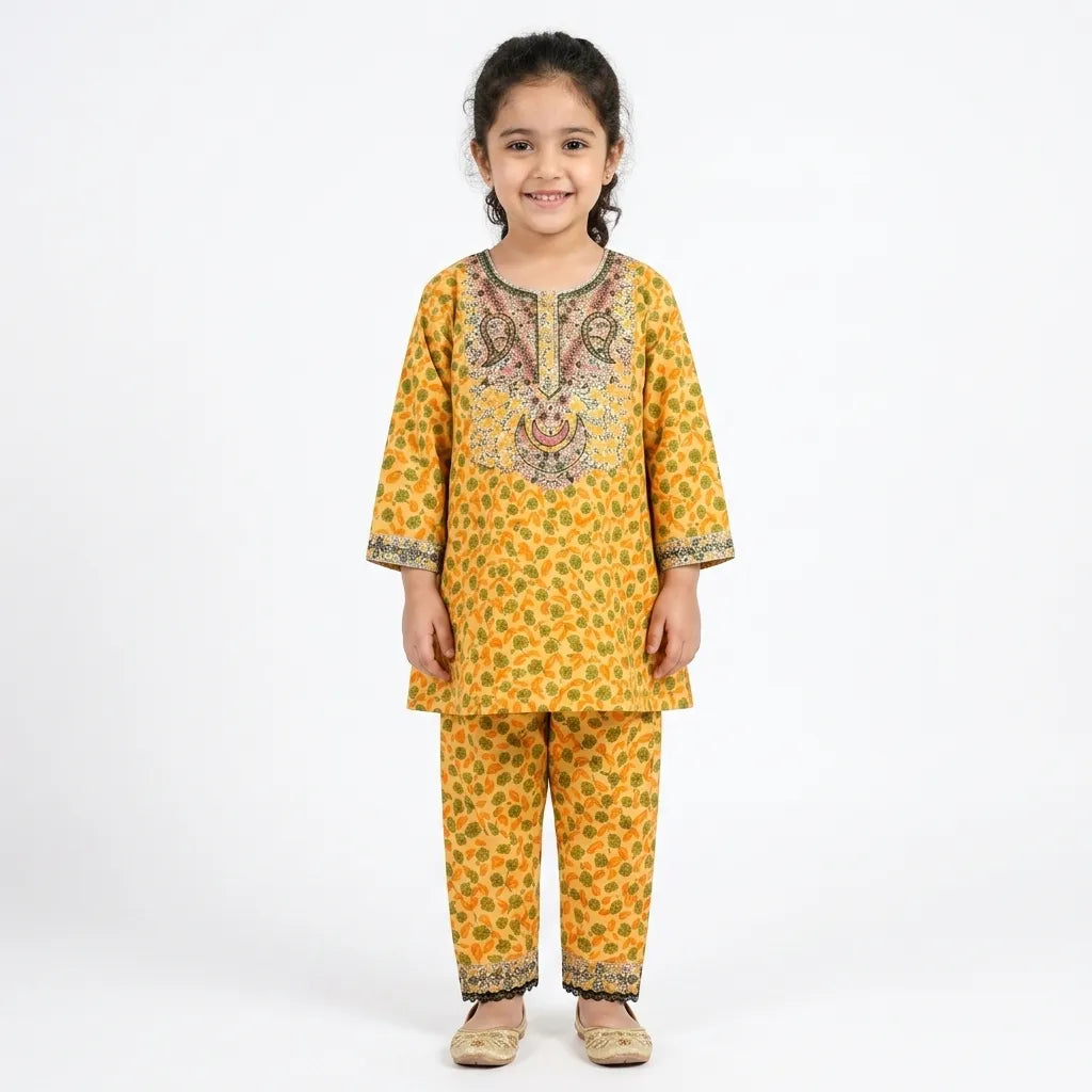 Girls Orange Floral 2 Piece Shalwar Kameez (Size 5 - 12 Years)