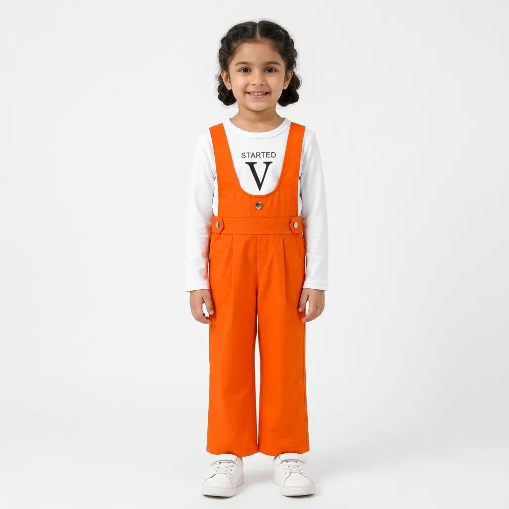 Girls Orange Started V Print Dangri Jumpsuit – 2 Piece (Size 4 - 10 Years)