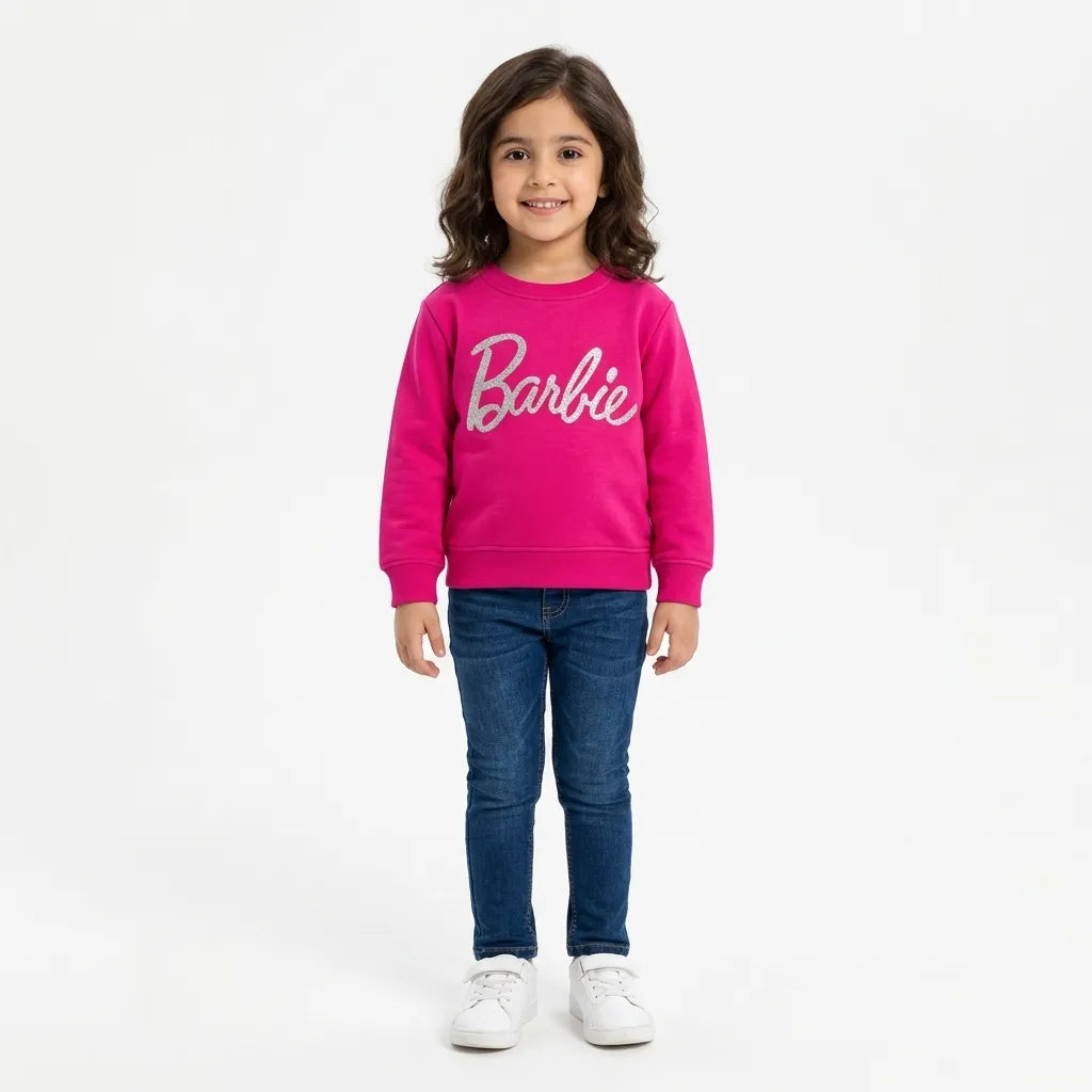Girls Pink Barbie Winter Sweatshirt (Size 9 Months - 12 Years)