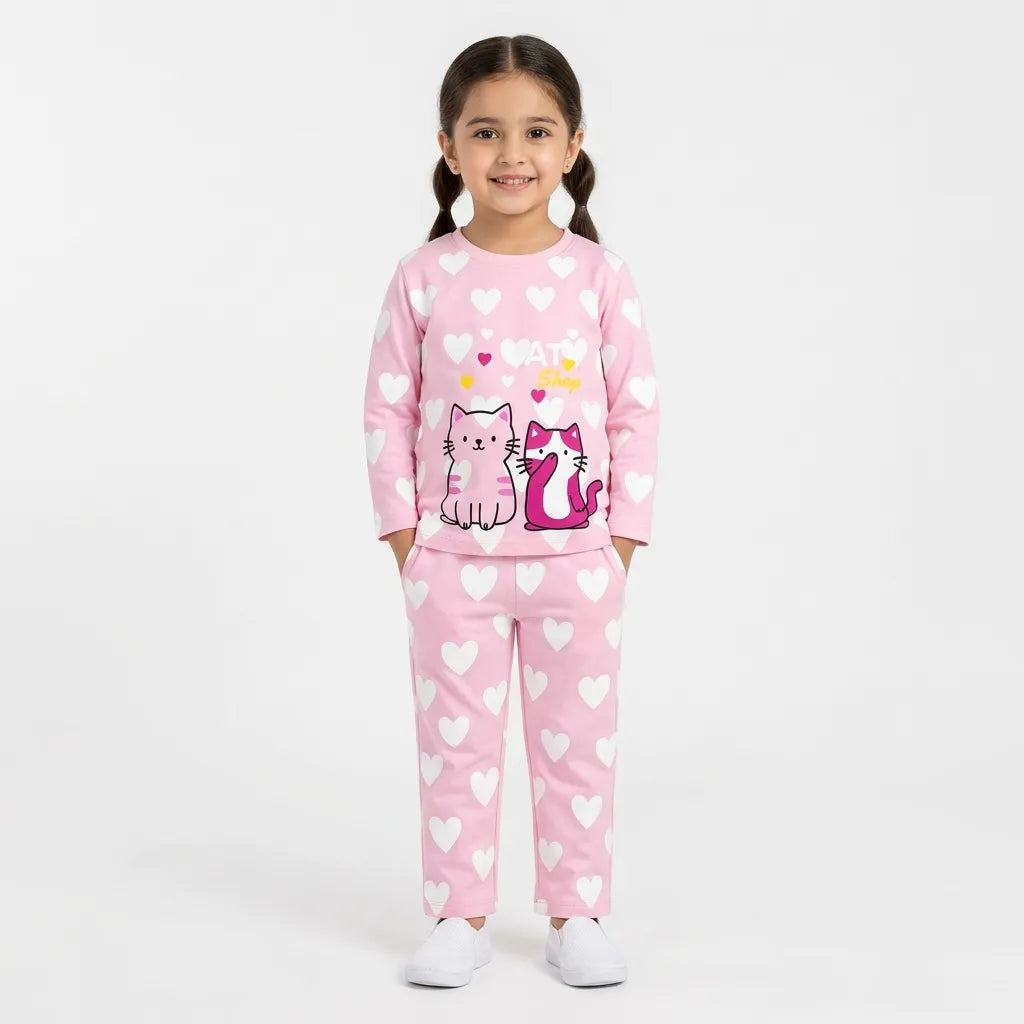Girls Pink Cute Cat Summer Coord Set (2 Piece) - Size 1 - 12 Years