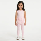 Girls pink floral cotton leggings by Lil' Cubs for ages 1-5 years, featuring a soft pink fabric with colorful floral print.