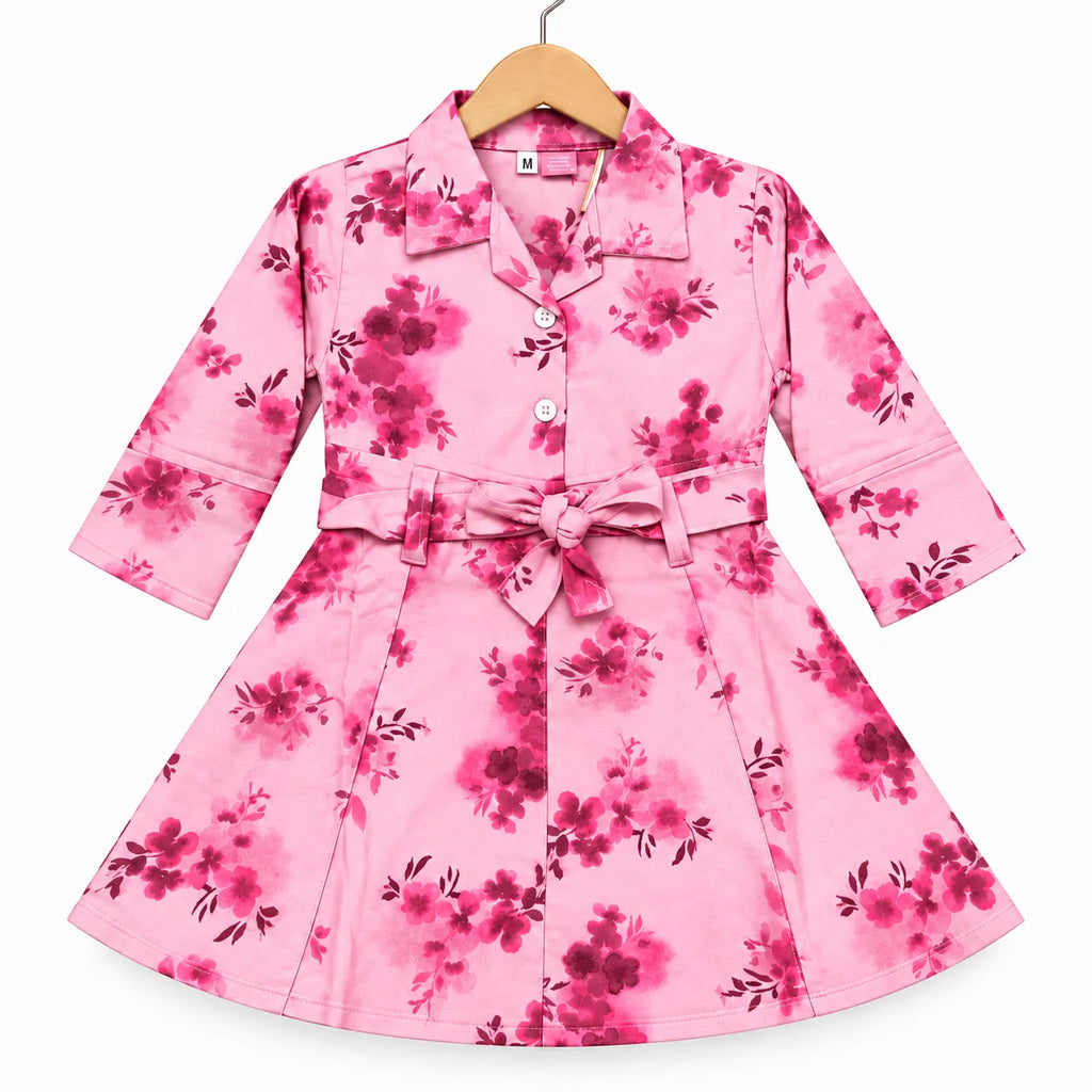 Girls Pink Floral Cotton Winter Frock with Waist Belt (Size 1 - 7 Years)