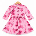 Girls Pink Floral Cotton Winter Frock with Waist Belt (Size 1 - 7 Years)