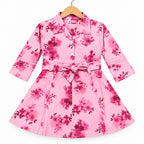 Girls Pink Floral Cotton Winter Frock with Waist Belt (Size 1 - 7 Years)