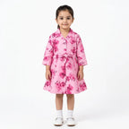 Girls Pink Floral Cotton Winter Frock with Waist Belt (Size 1 - 7 Years)