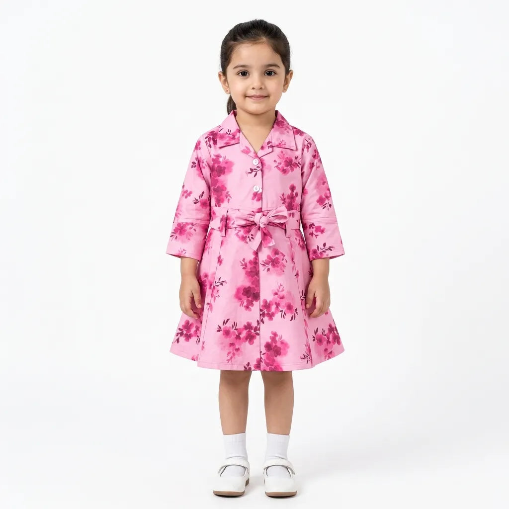 Girls Pink Floral Cotton Winter Frock with Waist Belt (Size 1 - 7 Years)