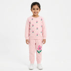 Girls pink floral winter two-piece coord set by Lil' Cubs, featuring a cozy top and matching pants for sizes 1 to 12 years.