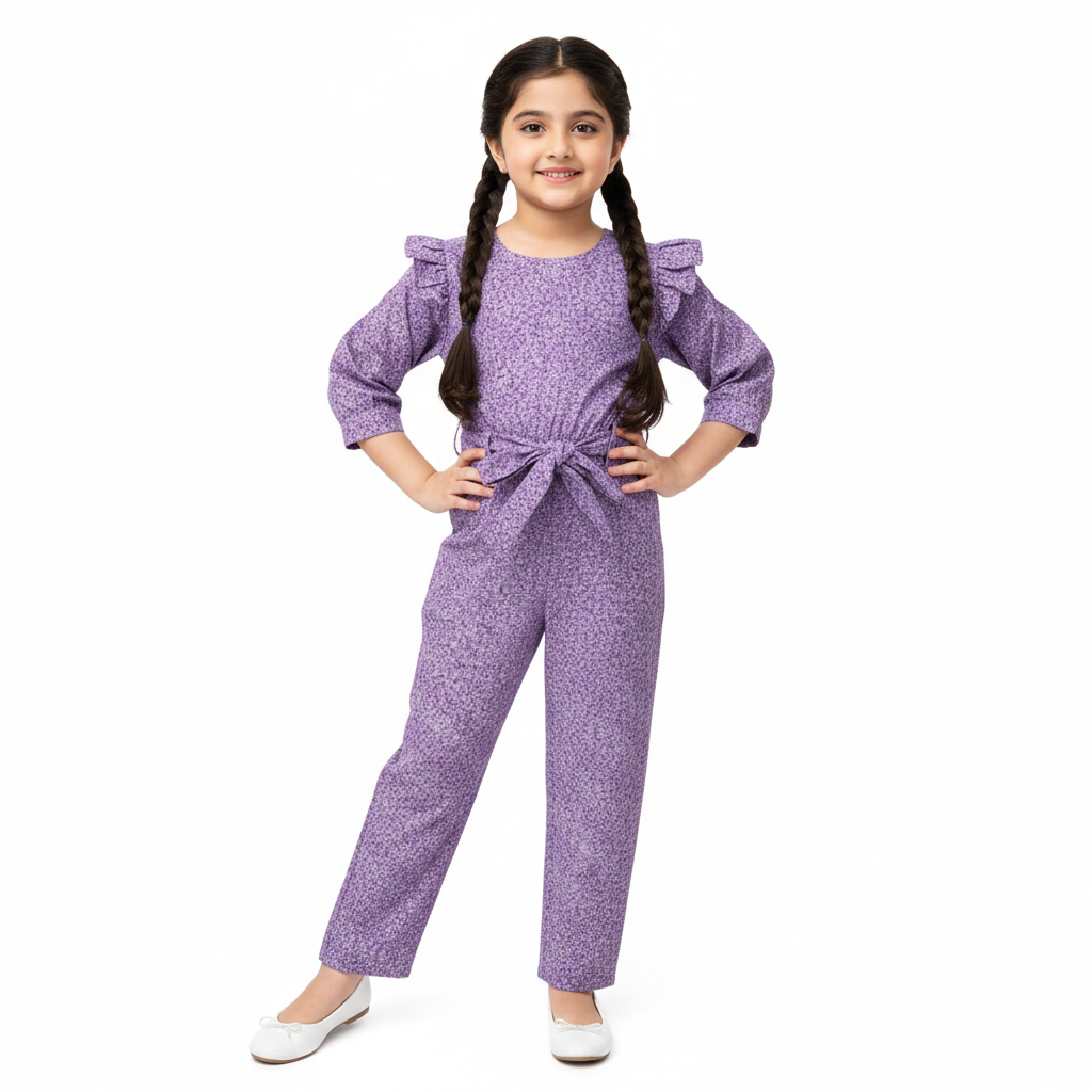 Girls Purple Floral Print Jumpsuit - Cotton Fabric - Girls Kid Trendy Fashion - Affordable Summer Outfits - Kidswear Brand in Pakistan - Trendy Summer Articles - Lil' Cubs