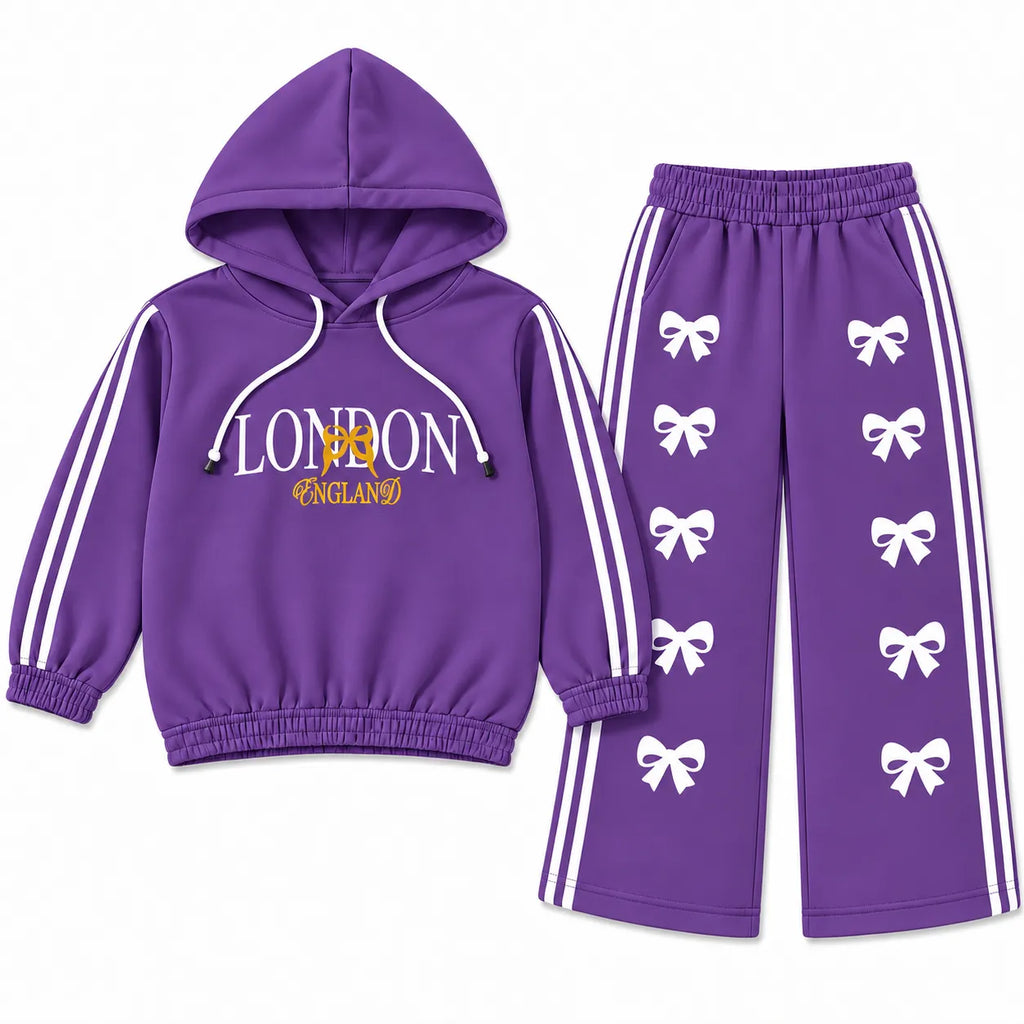 Girls Purple London & Bow Winter Hoodie Coord Set (2 Piece) - Size 1 - 12 Years