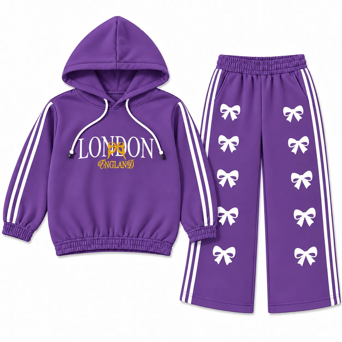 Girls Purple London & Bow Winter Hoodie Coord Set (2 Piece) - Size 1 - 12 Years
