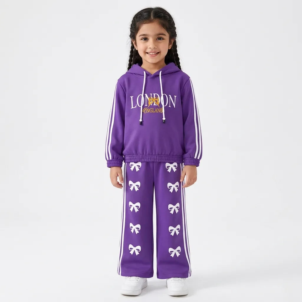 Girls Purple London & Bow Winter Hoodie Coord Set (2 Piece) - Size 1 - 12 Years