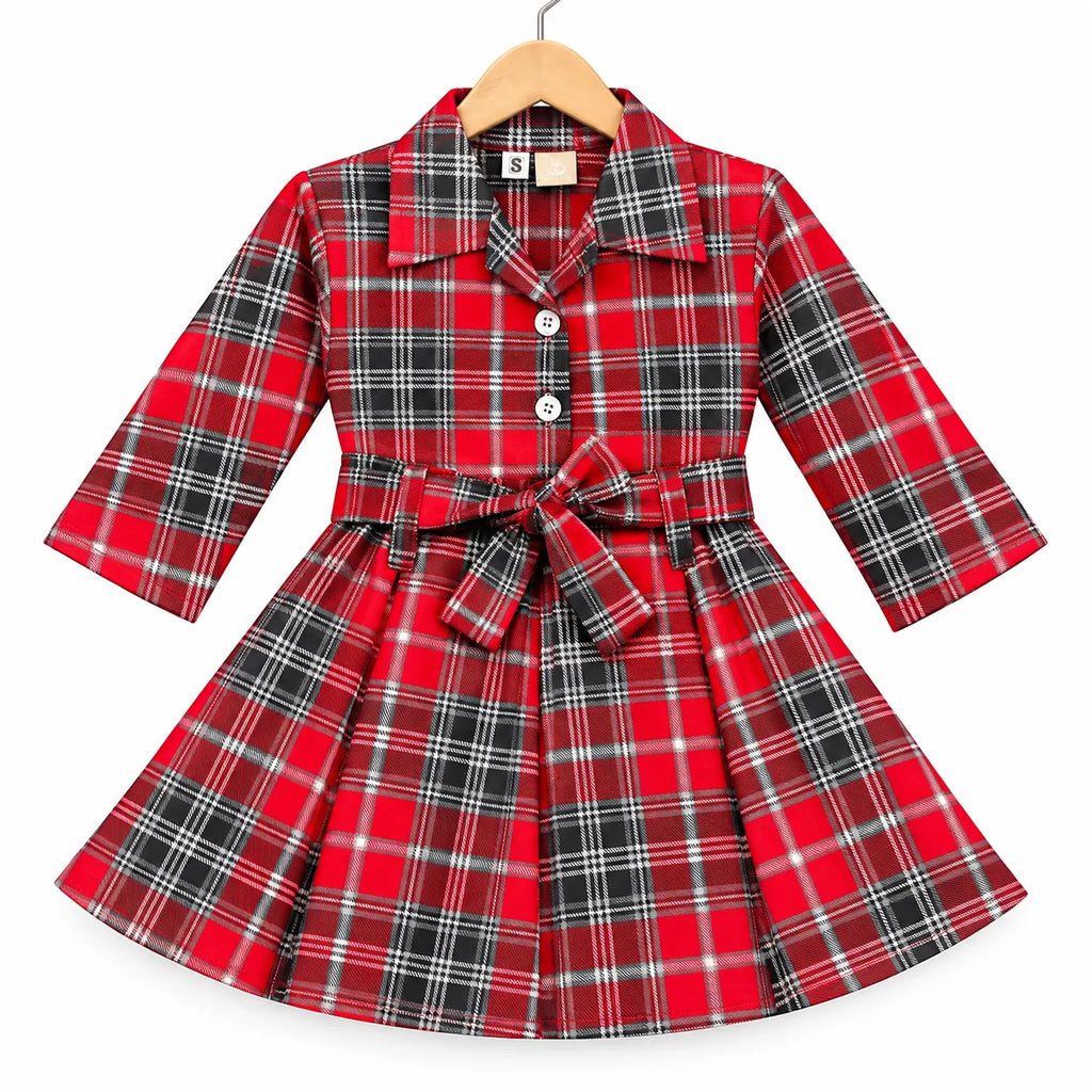 Girls Red & Black Check Cotton Winter Frock with Waist Belt (Size 1 - 7 Years)