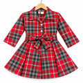 Girls Red & Black Check Cotton Winter Frock with Waist Belt (Size 1 - 7 Years)