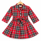 Girls Red & Black Check Cotton Winter Frock with Waist Belt (Size 1 - 7 Years)