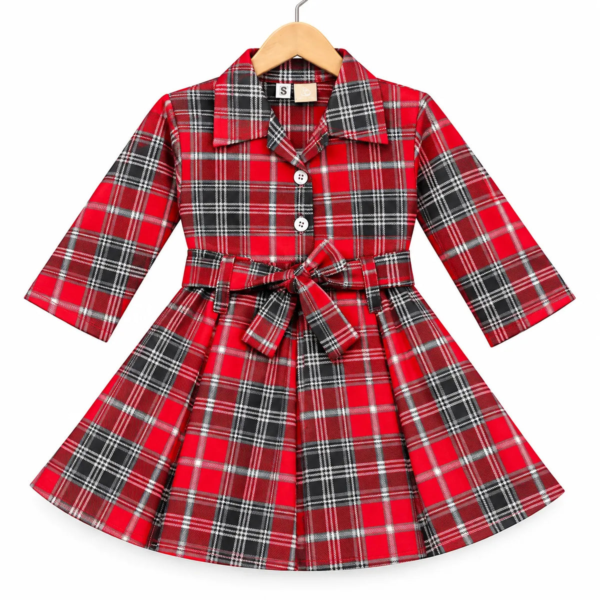 Girls Red & Black Check Cotton Winter Frock with Waist Belt (Size 1 - 7 Years)