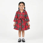 Girls Red & Black Check Cotton Winter Frock with Waist Belt (Size 1 - 7 Years)