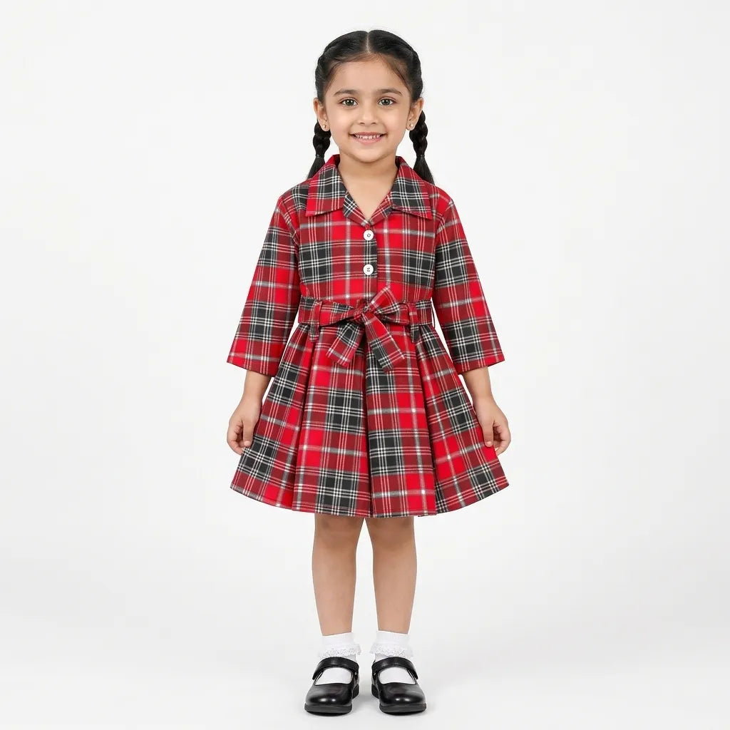 Girls Red & Black Check Cotton Winter Frock with Waist Belt (Size 1 - 7 Years)