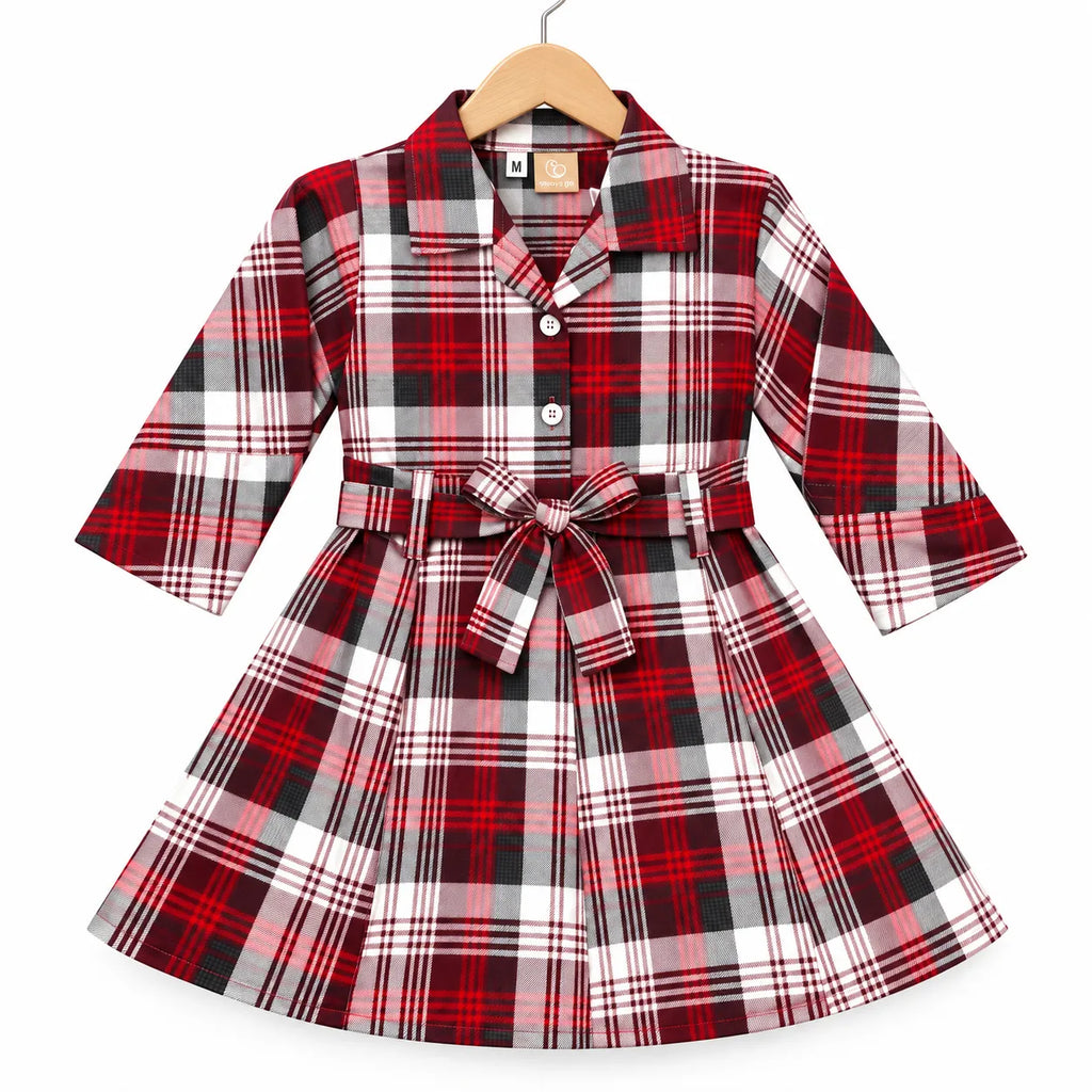 Girls Red Checkered Cotton Winter Frock with Waist Belt (Size 1 - 7 Years)