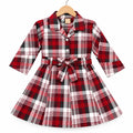 Girls Red Checkered Cotton Winter Frock with Waist Belt (Size 1 - 7 Years)