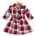 Girls Red Checkered Cotton Winter Frock with Waist Belt (Size 1 - 7 Years)