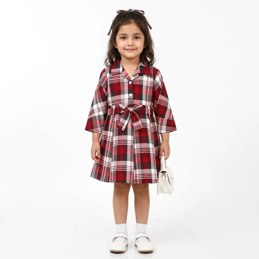 Girls Red Checkered Cotton Winter Frock with Waist Belt (Size 1 - 7 Years)