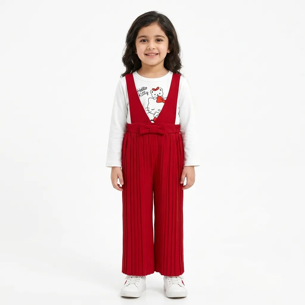 Girls Red Hello Kitty Print Dangri Jumpsuit – 2 Piece (Size 4 - 10 Years)