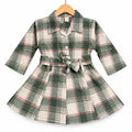 Girls Sea Green & Black Check Cotton Winter Frock with Waist Belt (Size 1 - 7 Years)