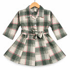 Girls Sea Green & Black Check Cotton Winter Frock with Waist Belt (Size 1 - 7 Years)